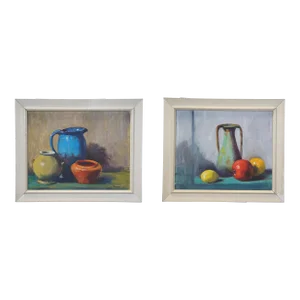 Pair of 2 Mrs. L. Thomas Vases Vessels Fruit Still Life Oil Paintings 21"