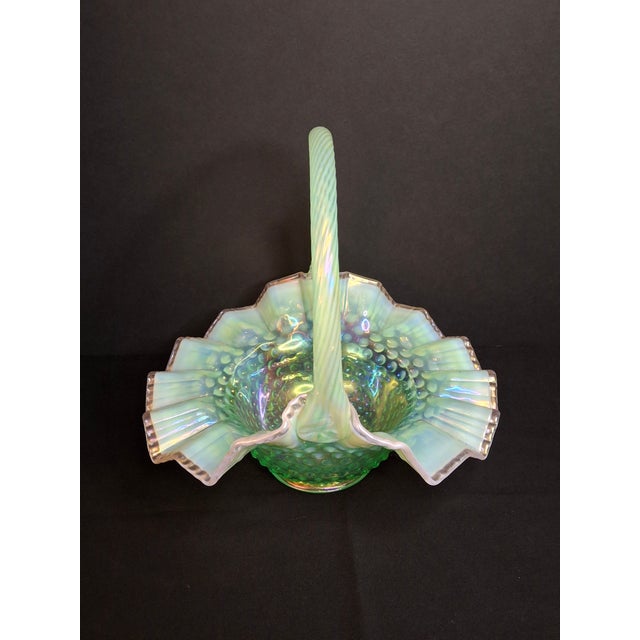 Vintage Fenton Green Opalescent Carnival Hobnail Glass Basket Ruffled Iridescent 10" For Sale - Image 11 of 16