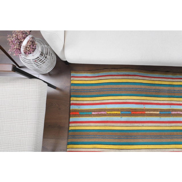 Vintage Turkish Oushak Handmade Wool Cotton Green Kilim Area Rug For Sale - Image 6 of 11