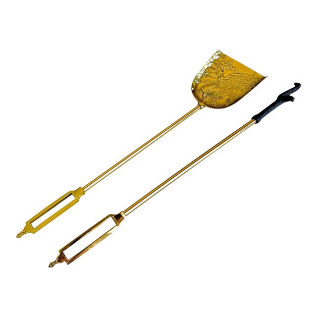 Vintage James Mont Style Brass Fireplace Shovel & Poker Duo – Mid-Century Asian For Sale