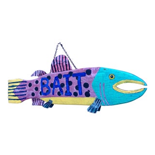 4ft Vintage Nautical Folk Art Bait Sign For Sale