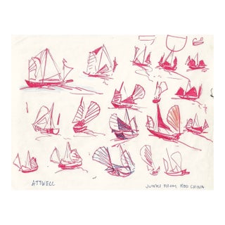Ivy Attwell Chinese Junks Drawing in Red For Sale