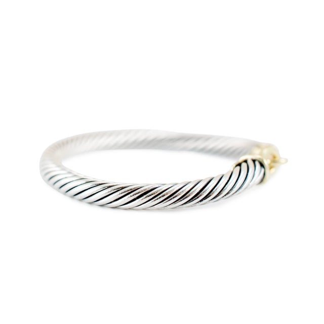 Modern David Yurman 925 Silver 14k Yellow Gold Buckle Classic Cable Bangle Bracelet For Sale - Image 3 of 9