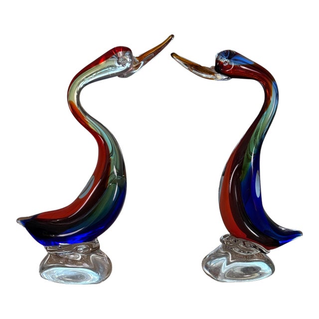 Pair of Hand-Blown Cased Art Glass Swan Sculptures, Murano-Style Mid-Century Modern, 15” For Sale