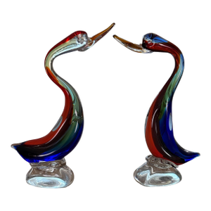 Pair of Hand-Blown Cased Art Glass Swan Sculptures, Murano-Style Mid-Century Modern, 15”