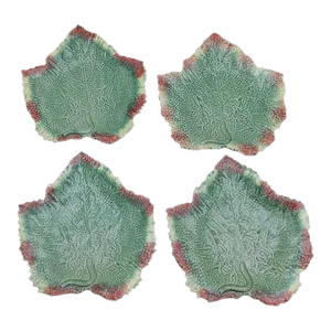 Set of 4 Bordallo Pinheiro Autumn Harvest Leaf Green Red Yellow Majolica Portugal Dinner Plates