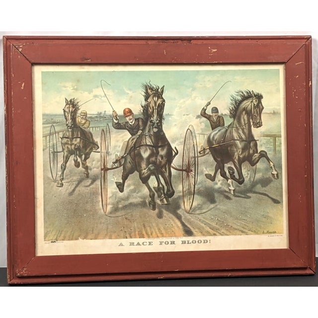 A spirited vintage framed color reproduction of “A Race for Blood!” by Currier & Ives, after an image by Louis Maurer....