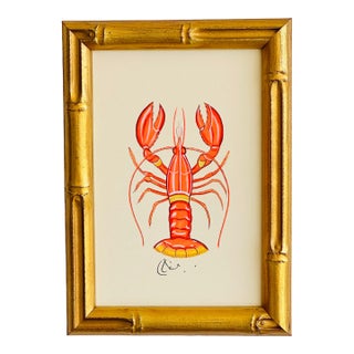 Original Hand-Painted Blue Lobster Paintings in a Gold Finish Bamboo Frame For Sale