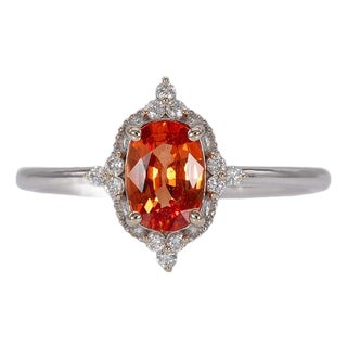 Padparadscha Sapphire Halo Ring With Natural Diamond Accents in Solid 14k Gold, Size 6.75 For Sale