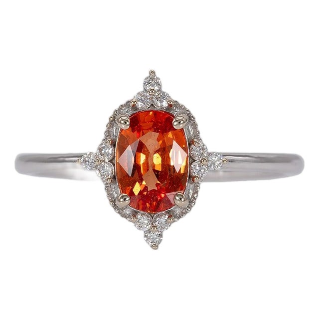 Padparadscha Sapphire Halo Ring With Natural Diamond Accents in Solid 14k Gold, Size 6.75 For Sale