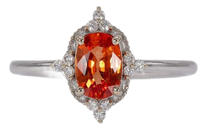 Padparadscha Sapphire Halo Ring With Natural Diamond Accents in Solid 14k Gold, Size 6.75