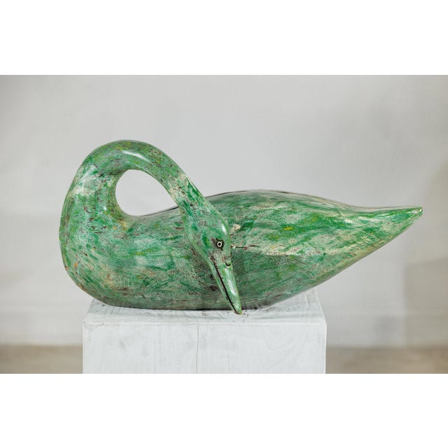 Vintage Green Painted Wooden Swan with Carved Curved Neck For Sale In New York - Image 6 of 12
