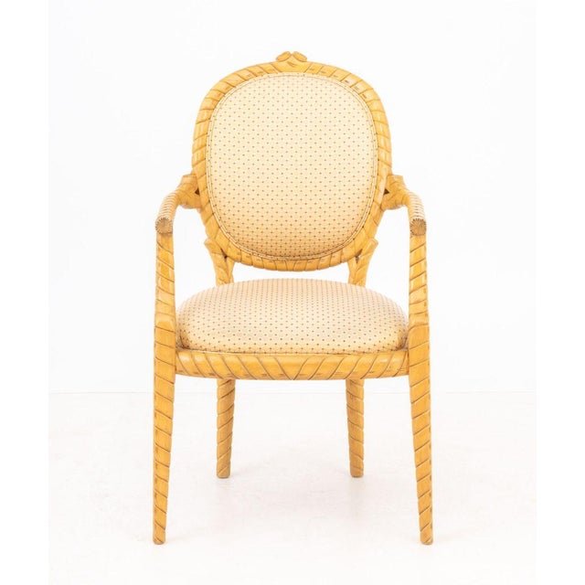 Hollywood Regency Style Rope Twist Motif Carved Wood Arm Chair, with diamond motif fabric upholstered seat and back. 38.5"...