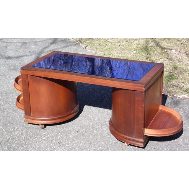 Vintage Art Deco Cobalt Mirror Blue Glass Coffee Table Speakeasy