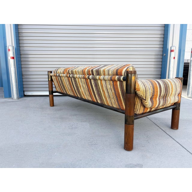 1970s Vintage Brutalist Wood, Brass, and Striped Upholstered Sofa For Sale In Los Angeles - Image 6 of 12