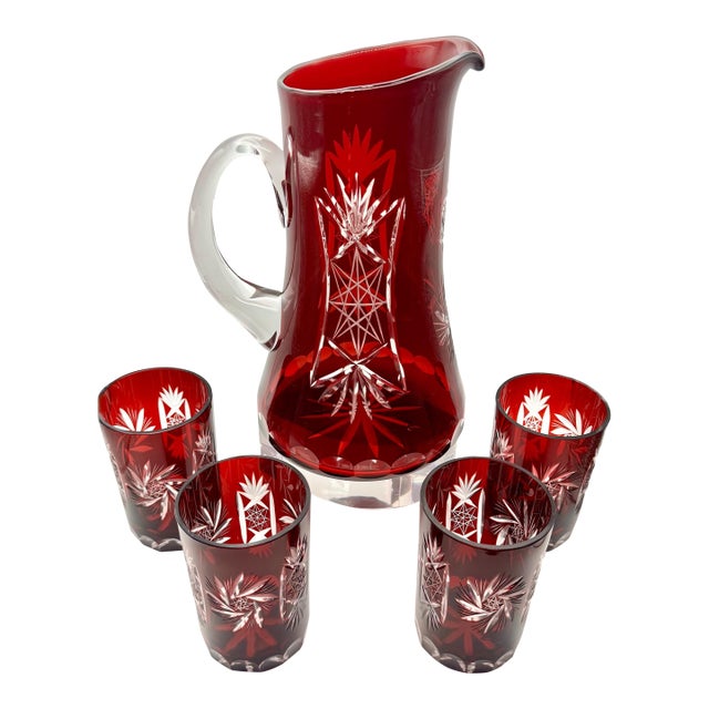 Mid 20th Century Bohemian Cranberry Cut-to-Clear Pitcher - Set of 5 For Sale