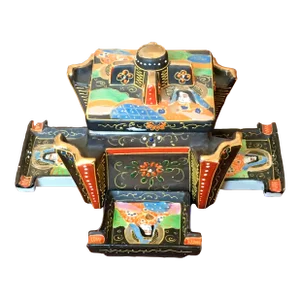 20s Japanese Porcelain Moriage Box and Ashtray Set W Figural Decorations