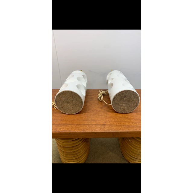 Pair of Mid 20th Century Swiss Cheese Style White Ceramic Table Lamps For Sale - Image 15 of 17