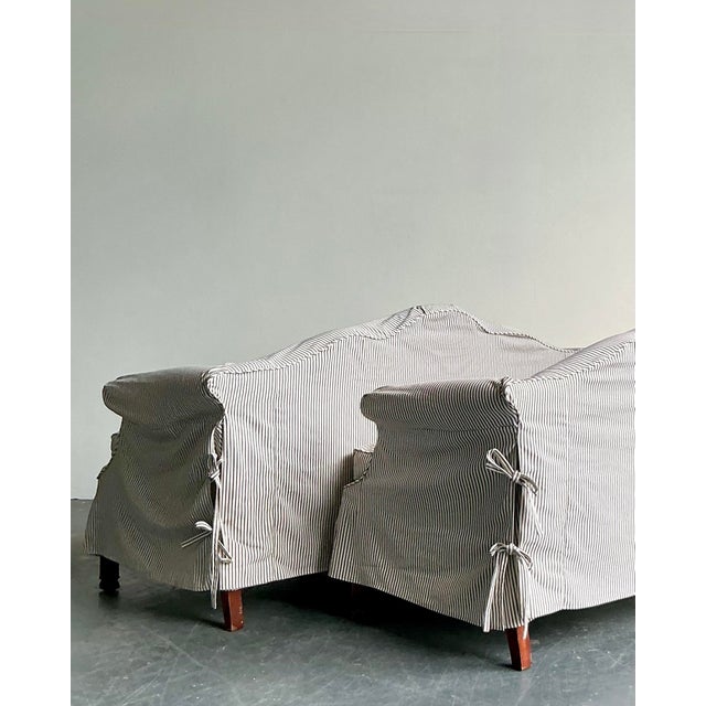 Vintage Regency Ticking Stripe Slipcover Camelback Sofas - A Pair For Sale In West Palm - Image 6 of 12
