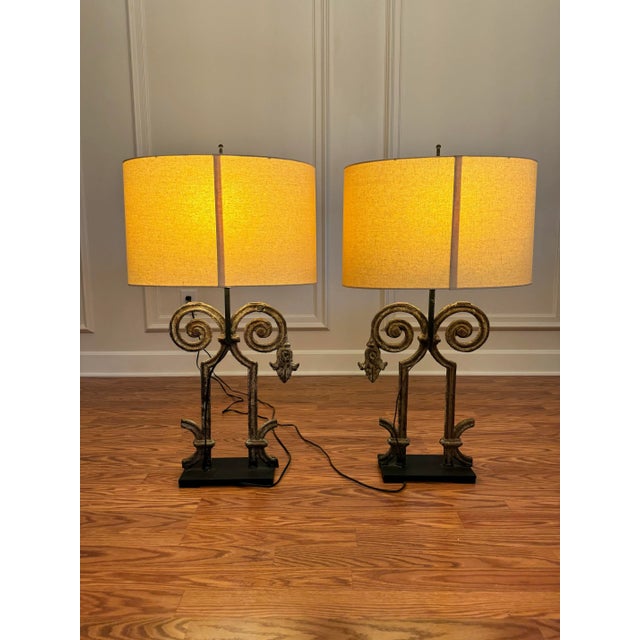 Vintage Old World Wrought Iron Architectural Element Table W/Custom Shade Lamps, a Pair For Sale - Image 10 of 12