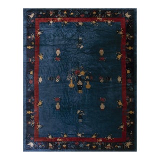 1920s Blue Vase Floral Antique Chinese Peking Rug 9' 1'' X11' 6'' Knotted Wool For Sale