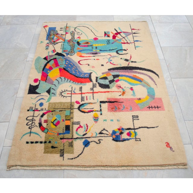1980s Kandinsky - Accompanied Center - Inspired Hand Knotted Area - Wall Rug- 3′7″ × 5′ For Sale - Image 16 of 18