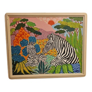 1976 Colorful Zebra Painting by Joan Iskyan For Sale