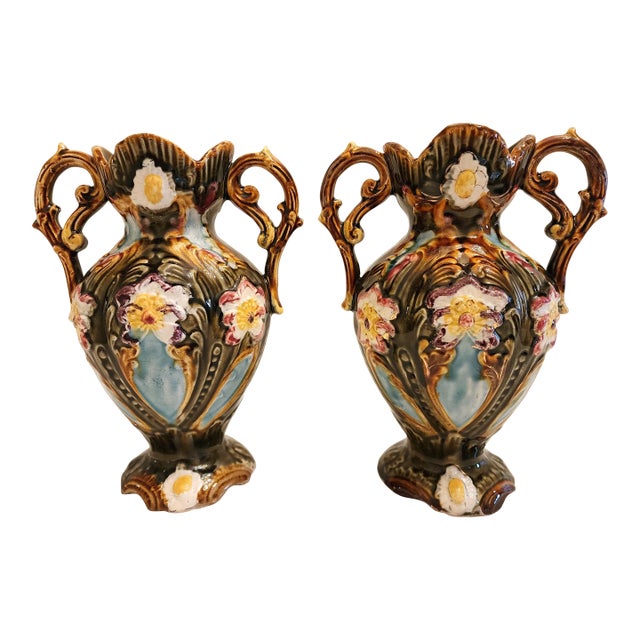 Antique Majolica Art Nouveau Jugendstil Vases- a Pair For Sale