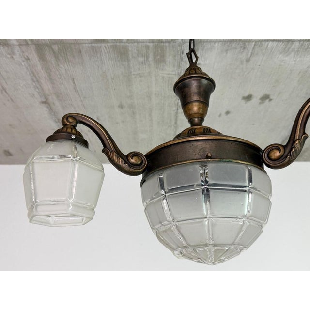 Vienna Secession Hanging Lamp in Brass and Glass, 1900 For Sale - Image 4 of 11