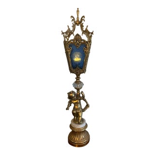 1930s French Gilt Cherub Lamp With Glass and Marble Details For Sale