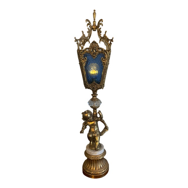 1930s French Gilt Cherub Lamp With Glass and Marble Details For Sale