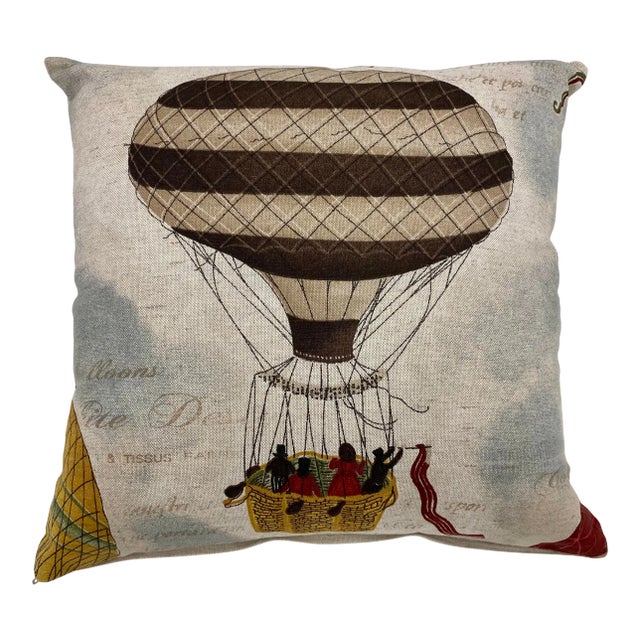 16" Square Pillow Adorned With a Steampunk-Esque Hot Air Balloon - Made in Uk. For Sale