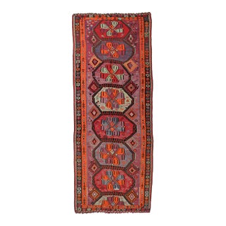 Vibrant Colorful Vintage Turkish Kars Kilim Rug - 5`4″ X 14`9″ For Sale