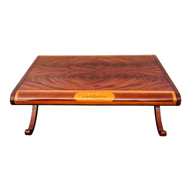 Late 20th Century Neoclassical Flame Mahogany & Satinwood Inlaid Curule Coffee Table For Sale