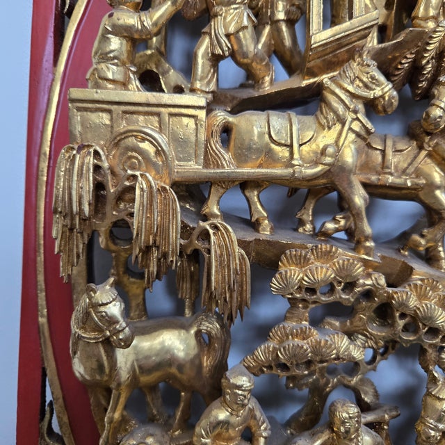 Wood Antique Chinese Giltwood Panel Relief Carving Landscape Scene Red Lacquer Borders and Back For Sale - Image 7 of 18