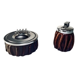 Leather Ashtray and Lighter from Savinelli Milano, Italy, 1970s, Set of 2 For Sale
