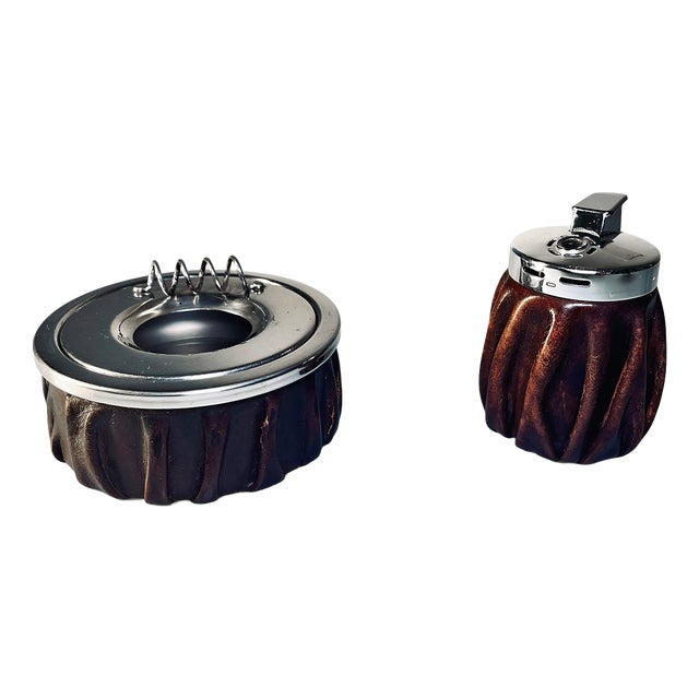 Leather Ashtray and Lighter from Savinelli Milano, Italy, 1970s, Set of 2 For Sale