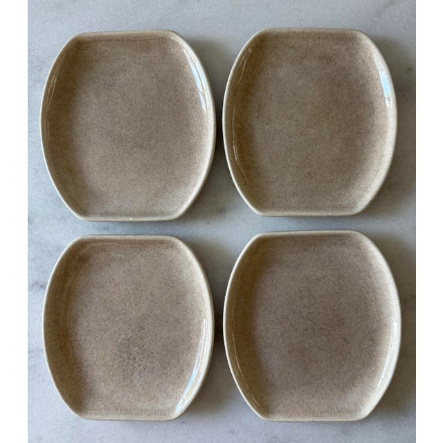 Set of 4 rare vintage mid century small plates made in California by DENWAR. BANTU. Handmade and signed taupe speckle...