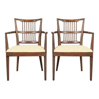 Paul McCobb Style Mid-Century Modern Sculpted Walnut Spindle Back Armchairs, Pair For Sale