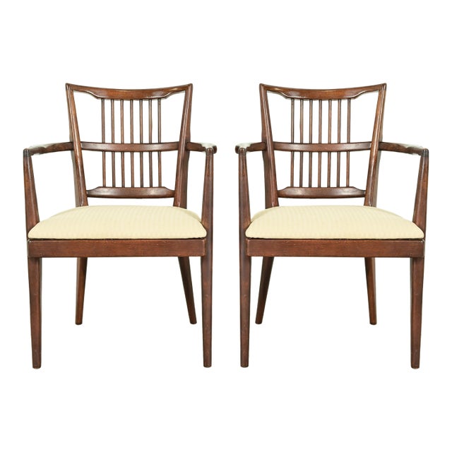 Paul McCobb Style Mid-Century Modern Sculpted Walnut Spindle Back Armchairs, Pair For Sale