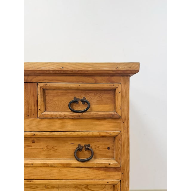 Beige Late 20th Century Mexican Solid Pine Five Drawer Dresser Wrought Iron Pulls Rustic Farmhouse Chest For Sale - Image 8 of 13