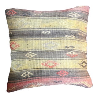 Vintage Handwoven Earth-Toned Turkish Kilim Wool Accent Throw Pillow For Sale