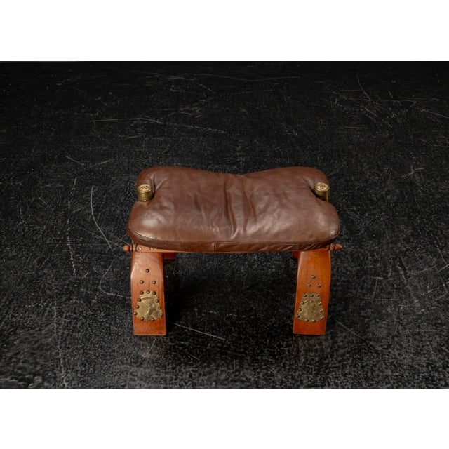 Metal Moroccan Camel Saddle Stool in Stained Wood with Brass and Leather, 1980s For Sale - Image 7 of 18