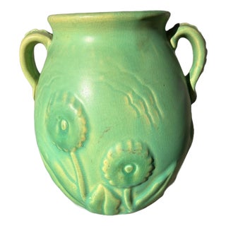 Weller Art Pottery Vase Matte Green Floral Twin Handle Arts And Crafts 1920s For Sale