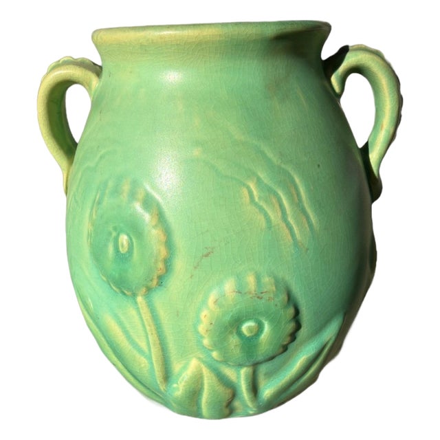 Weller Art Pottery Vase Matte Green Floral Twin Handle Arts And Crafts 1920s For Sale