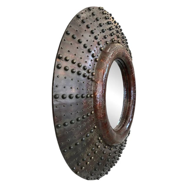Large Rare French Mid-Century Circular Mirror Covered with Brown Leather and Small Round Studs Simulating a Sunburst