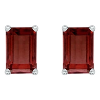 14K White Gold 6x4MM Emerald Shaped Garnet Solitaire Stud Earrings For Sale