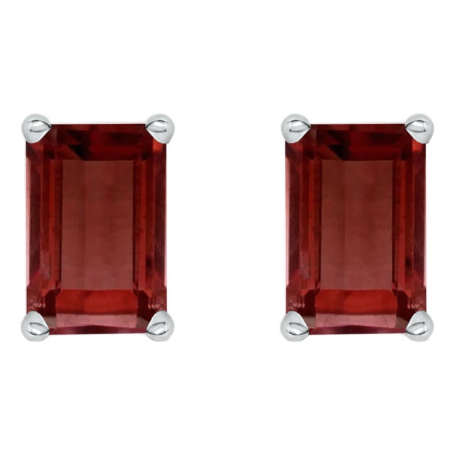 14K White Gold 6x4MM Emerald Shaped Garnet Solitaire Stud Earrings For Sale