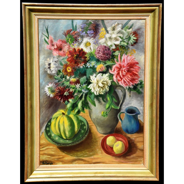 Peter Ludwigs 1888 Aachen – 1943 Düsseldorf Still Life with a Lavish Bouquet of Flowers, Pumpkin, Fruit, and Pitcher...