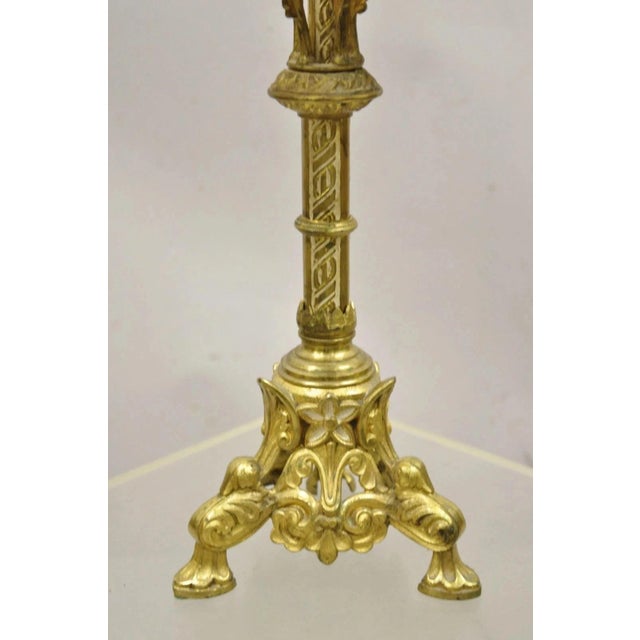 Metal Antique Gothic Revival Gold Bronze Figural Candelabra Table Lamps - A Pair For Sale - Image 7 of 11